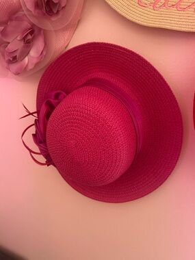 Fancy Women's Hot Pink Straw Sun Hat with Elaborate Ribbon Detail
